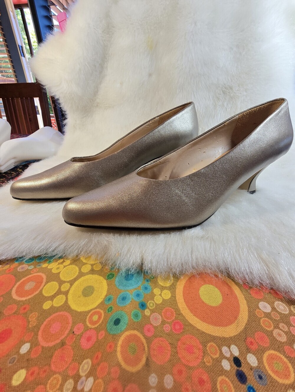 Preview Collection Metallic Bronze Low Kitten-Heel Leather Pumps - Picture 3 of 11
